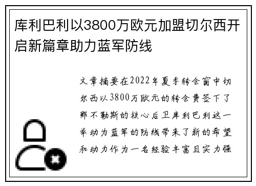 库利巴利以3800万欧元加盟切尔西开启新篇章助力蓝军防线 库利巴利以3800万欧元加盟切尔西开启新篇章助力蓝军防线